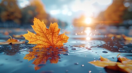 Serene Autumn Scene: Maple Leaf Floating on Puddle at Sunset