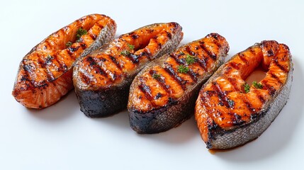 65.Grilled salmon steaks with a perfect sear, their rich color and flaky texture standing out in sharp detail against a clean white background.
