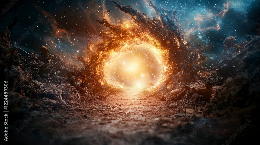 Poster celestial portal discovery a mystical journey through shimmering stardust in an unknown galaxy's dig