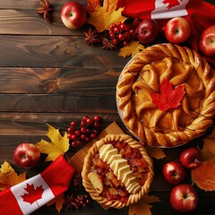 Autumnal apple pies, Canadian flag, wood background