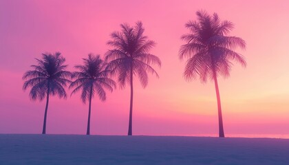 Four Palm Trees Silhouette at Sunset Beach