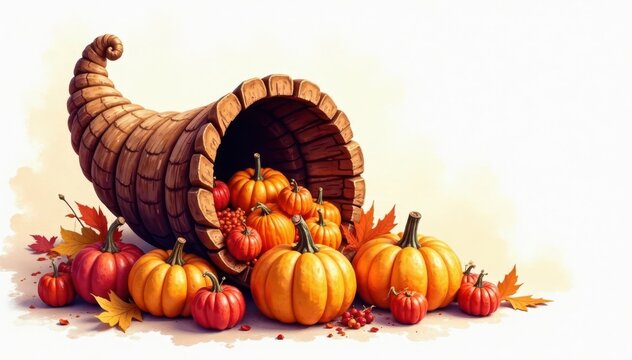 thanksgiving cornucopia with pumpkins and autumn leaves clip art preview