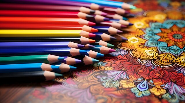 Vibrant array of colored pencils alongside a partially colored adult coloring book showcasing a creative pastime for relaxation self expression and mindful leisure