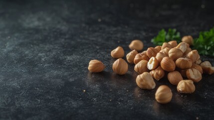 Obraz premium Tasty hazelnuts on dark table. Source of minerals. Nuts as a source of healthy fatty acids.