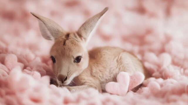 Baby Kangaroo Resting on Soft Pink Hearts in a Cozy Setting During Daylight. Generative AI
