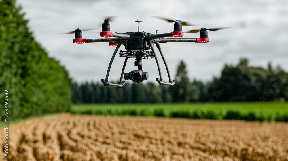 Poster Drone with ai cameras monitoring agricultural field rural landscape aerial view advanced technology for crop management