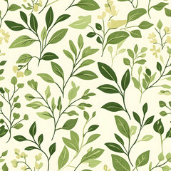 A seamless pattern featuring various green leaves and branches on a light background.