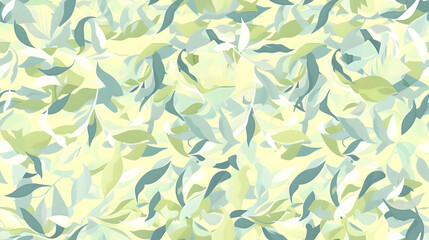 A seamless pattern of abstract leaves in soft green and blue hues on a light background.