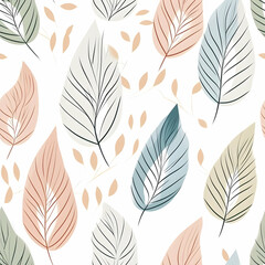 A seamless pattern featuring various stylized leaves in soft colors.
