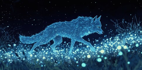 Luminous Wolf Strolling Through Glowing Flora At Night