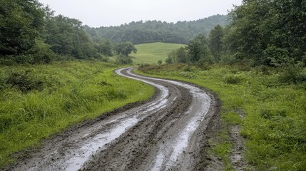 Fototapeta premium Winding muddy road through lush green hills on a cloudy day. Ideal for travel, adventure, nature themes