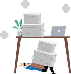 Heavy work pressure, pain and fear from overloaded work, fearful businessmen huddled under desks full of papers
