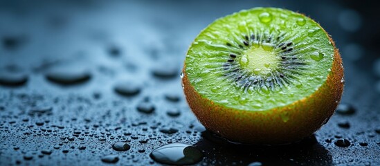 Fresh Kiwi Fruit Half with Water Droplets on Dark Surface Highlighting Juicy Texture and Vibrant Green Color