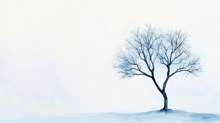 Fototapeta premium A solitary, leafless tree stands against a pale, serene background, evoking feelings of solitude and tranquility.