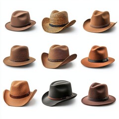 A collection of different types of hats, including cowboy, bowler, and fedora styles, in earthy tones. High Quality