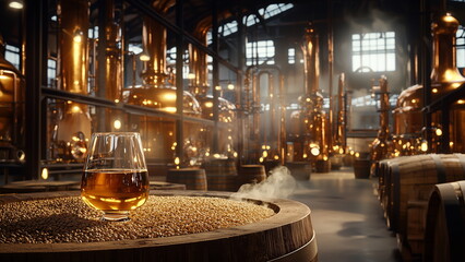 Fototapeta premium A glass cup of whiskey on top of a wooden barrel, at the distillery with copper surface equipment, whiskey tasting