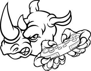 A rhino gamer animal sports mascot holding a games controller