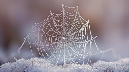 Frost-covered spiderweb, winter scene, glistening dew.