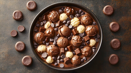 Chocolate ice cream dessert, dark background, close-up, food photography, recipe