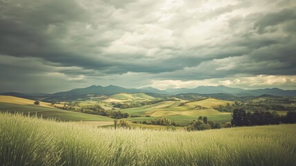 Fototapeta premium Serene Landscape with Rolling Fields and Dramatic Clouds