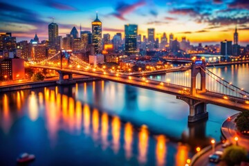 Fototapeta premium Cityscape at Dusk: Bokeh Lights Between Two Bridges