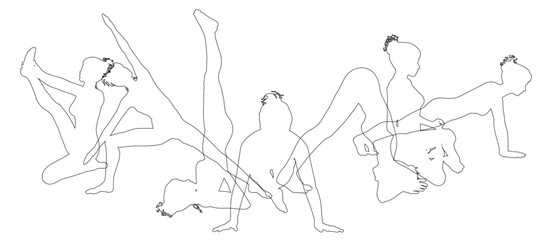 Silhouette yoga pilates women poses set. Active sports people healthy players fitness silhouettes concept.