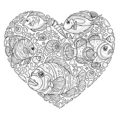Heart made of fish and sea shells.Coloring book antistress for children and adults.