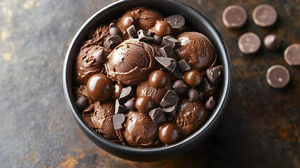 Fototapeta premium Chocolate ice cream scoops, chocolate chips, and candies in a dark bowl. Dessert food photography for menus or websites