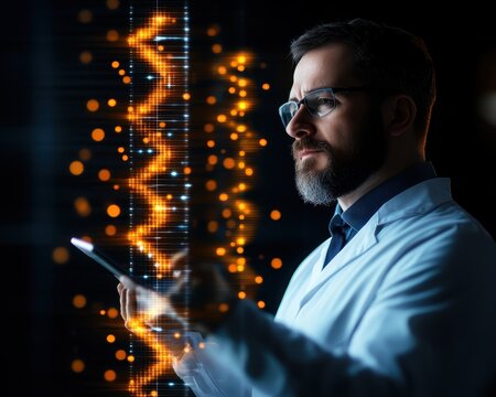 Scientist analyzing data with digital graphics.