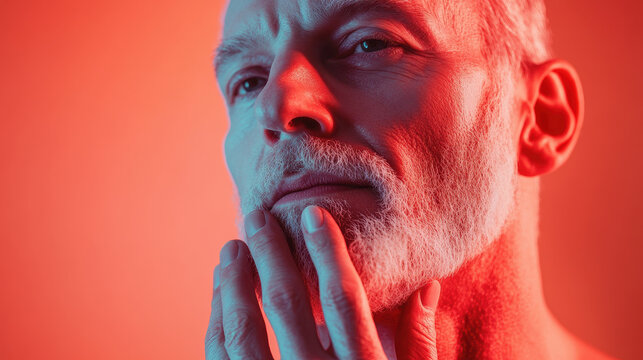 thoughtful older man with beard in red light, expressing contemplation