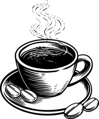 A coffee cup or mug and coffee beans illustration in a vintage retro woodcut etching style