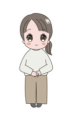 正面を向いて挨拶している笑顔のかわいい成人女性のイラスト