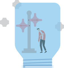 Ineffective advice or suggestions, dead ends, career or business setbacks, businessmen standing inside sealed glass jars looking at signpost signs