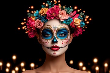 Elegant woman with vibrant floral skull makeup.