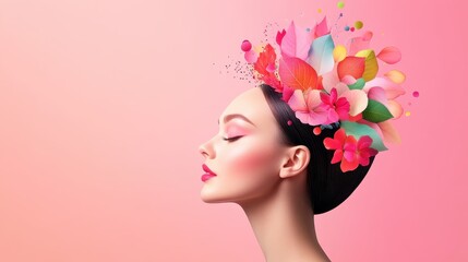 Elegant woman with floral decor on pink background