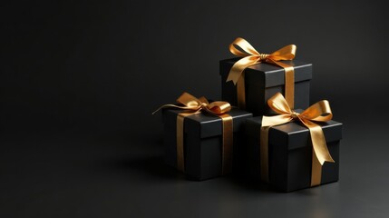 Elegant black gift boxes with golden ribbons, arranged in a visually appealing presentation on a dark surface