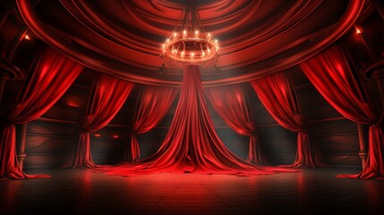 Mysterious Red Draped Theater Stage with Chandelier