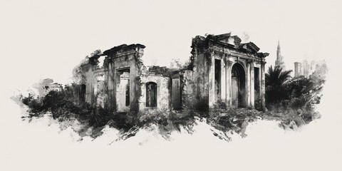 Ruined building overgrown with vegetation near a city skyline