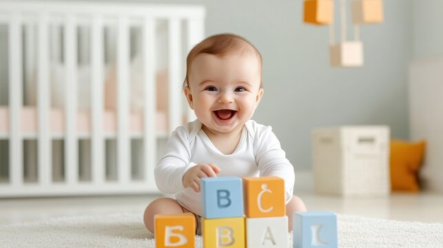 Happy baby playing with colorful blocks.