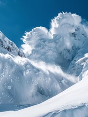 A breathtaking avalanche in progress on a pristine mountain slope under a clear blue sky.
