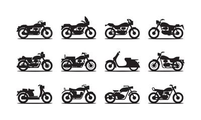 Obraz premium Black Silhouette Motorcycles and Scooters Collection on White Background
