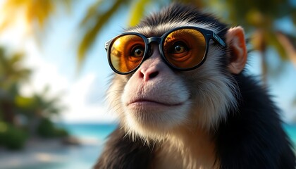 Cool Monkey in Sunglasses on Tropical Beach