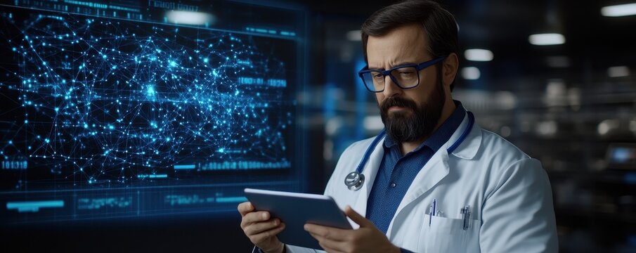 Scientist analyzing data on a digital tablet.