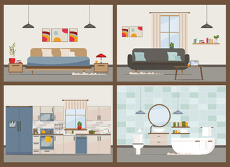 Modern apartment with equipment (furniture, sofa, armchair, dishes). Kitchen, bathroom, living room, bedroom.Flat Vector illustration