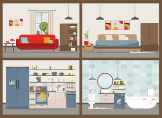Modern apartment with equipment (furniture, sofa, armchair, dishes). Kitchen, bathroom, living room, bedroom.Flat Vector illustration