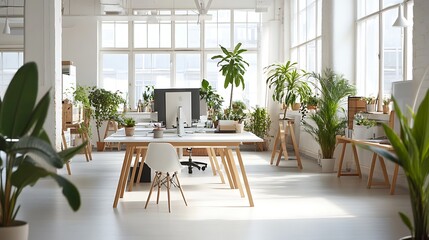 Fototapeta premium Bright and Airy Modern Office Space with Abundant Greenery