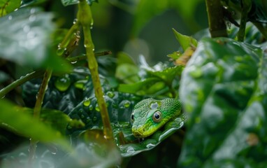 The captivating gaze of a green snake lies in ambush among dense foliage, embodying the essence of stealth and precision