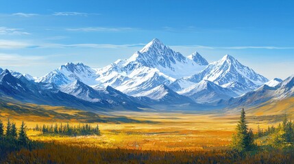 A serene landscape featuring majestic snow-capped mountains, lush valleys, and vibrant skies, creating a picturesque natural scene.