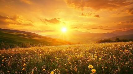 Fototapeta premium Serene sunset over a vibrant flower-filled meadow, with rolling hills and distant mountains bathed in golden light