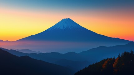 Fototapeta premium A stunning view of a snow-capped mountain at sunset, surrounded by layers of misty hills and a colorful sky.